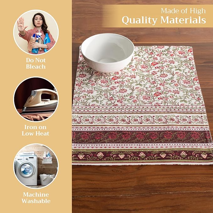 Maison d' Hermine Placemats Set of 4 100% Cotton Washable Cloth Place Mats, Reusable Table Mats for Thanksgiving Christmas Decorations Kitchen Dining Party Wedding (Reveillon Au Jardin, 13" x 19")