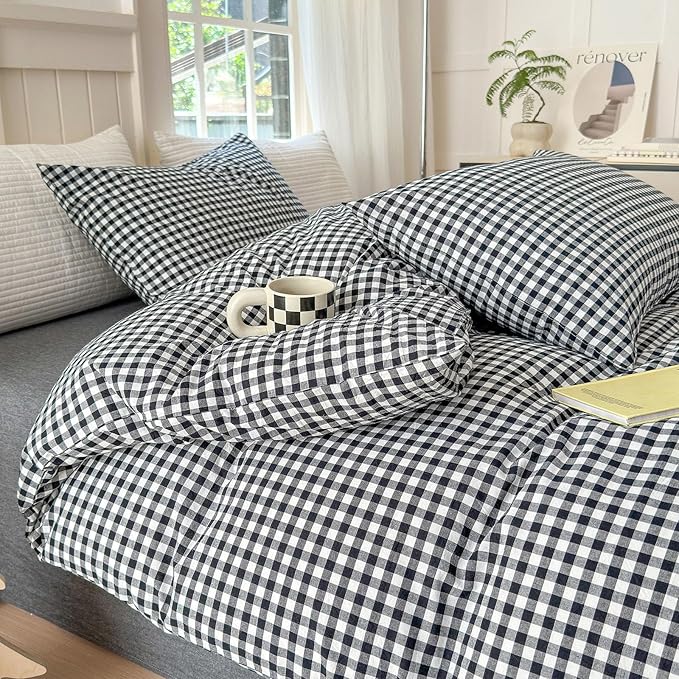LifeTB Black Gingham Comforter Full Size Boho Plaid Checkered Pattern Comforter Geometric Grid Plaid Printed Bedding Comforter Set with 2 Pillowcases Fluffy Bed Luxury Soft Gingham Bedding Set Full