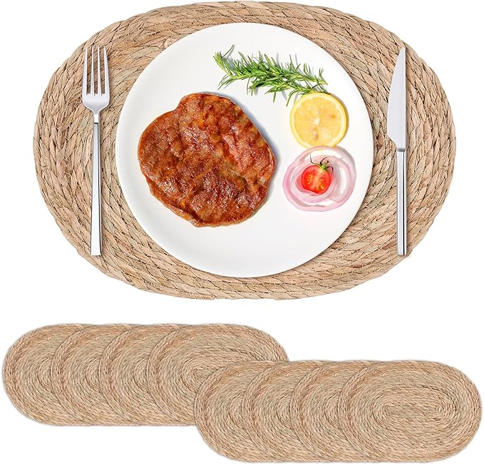 Oval Woven Placemats Set of 8, 16"x 12"Braided Rattan Table Mats,Farmhouse Rattan Chargers for Dinner Plates,Boho Vintage Table Mats for Christmas Home Dining Kitchen Parties Decoration