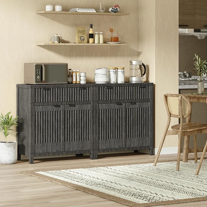 FLOWBACK Fluted Sideboard Buffet Storage Cabinet - 3 Pieces Small Modular Modern Coffee Bar Cabinet with Storage, Media Console Credenza Cabinet for Kitchen, Coffee Bar, Pantry, Living Room