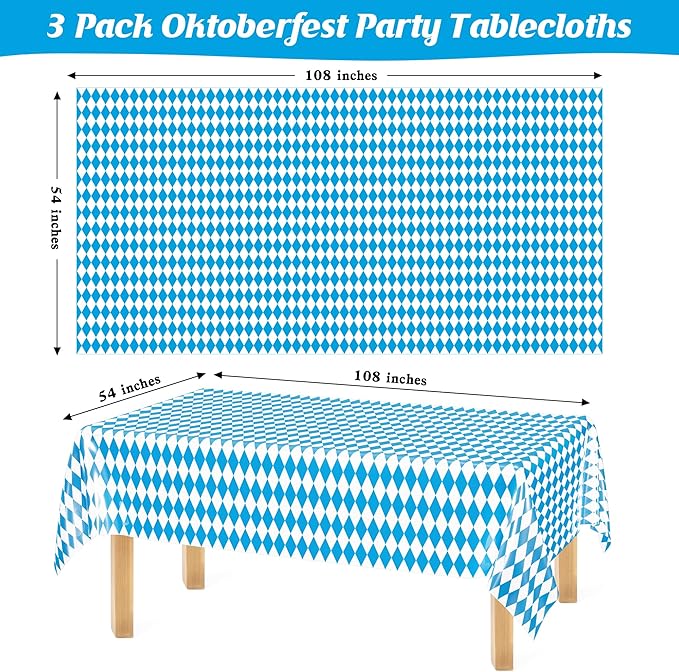 QZYL 3 PCS Oktoberfest Tablecover, 54 X 108 in Disposable Plastic Beer Festival Party Supplies, Rectangular Blue White Checkered Tablecloth, Oktoberfest Decorations for Kitchen Dining Party Holiday