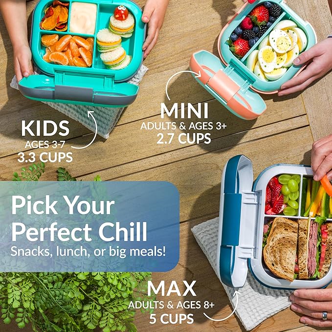 Bentgo Chill Mini Leak-Proof Lunch Box ??Built-In Ice Pack Keeps Food Cold, 2.7-Cup Capacity for Snacks or a Sandwich, 3 or 4 Compartments, PFAS & BPA-Free, Ideal for Adults & Kids 3+ (Tide Blues)