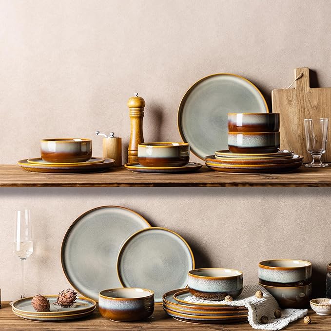 TheTerra Ceramic Dinnerware Sets for 4, 12 Pieces Handmade Reactive Glaze Plates and Bowls Set, Scratch Resistant Dish Set, Oven & Microwave & Dishwasher Safe, Dusk Blue