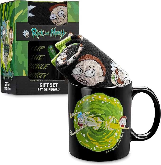 RICK AND MORTY Mug & Socks Gift Set for Men & Teens, Ceramic Tea Coffee Cup & Casual Trainer Crew Socks US Size 7-11, Gifts for Him