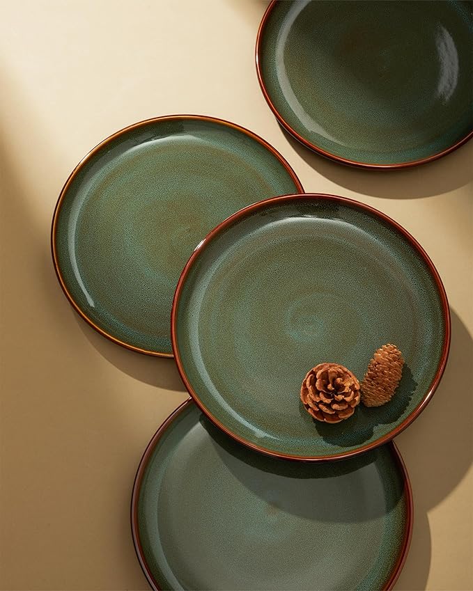 Stoneware Dessert Pates 8 Inch, Microwave Safe Plates, Reactive Glaze Small Dinner Plate, Scratch Resistant and Dishwasher Safe, Brown Green