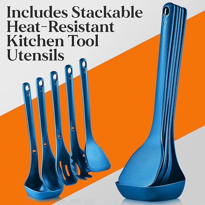 NutriChef Kitchenware Cookware, Non-Stick Pans, and Pots with foldable Knob, Space Saving, Stackable, Nylon -Tools, Induction Base, Brown, 17-Pc Set
