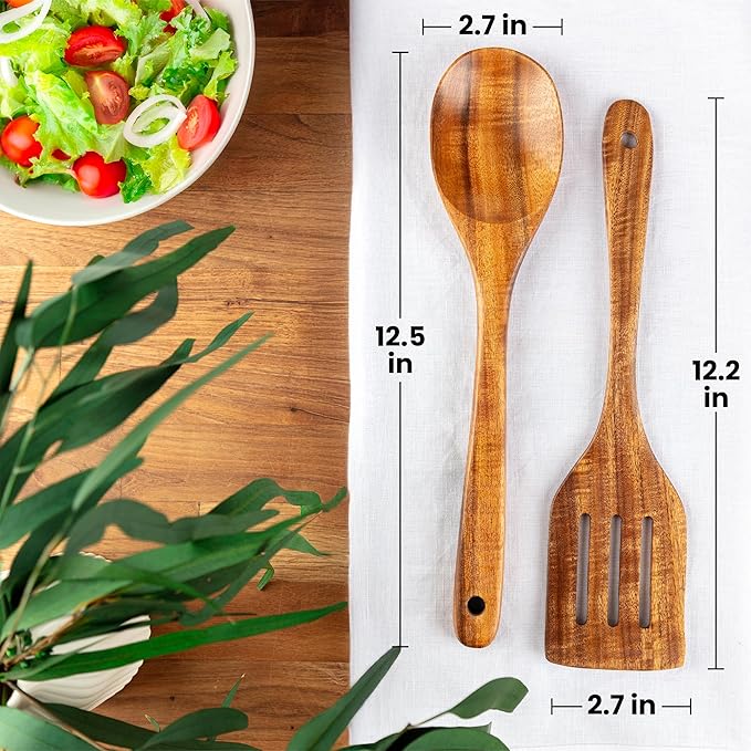 Zulay Kitchen Teak Wood Utensil Set ??2 Piece Large Wooden Cooking Spoon and Slotted Turner, Handcrafted Natural Teak Wood Kitchen Utensils, Durable, Nonstick Safe & Smooth Finish