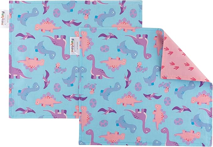 Funkins Reusable Cloth Placemats for Kids & Lunch Boxes | Reusable, Eco-Friendly | 15"x13", 2-ply, Thick, Absorbent, Machine Washable | Set of 2 Placemats (Pink Dinosours)