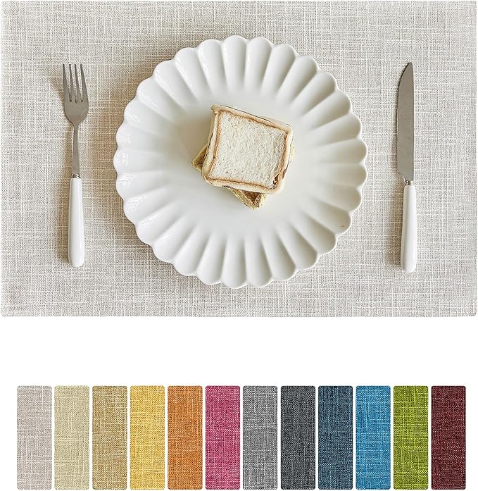 Softalker Faux Linen Placemats Set of 8-12 x 18 Inch, Heat Resistant Double Layered Durable Burlap Farmhouse Place Mats, Non-Slip Washable Rustic Table Mats for Dining, Kitchen, Party竊뉱ream