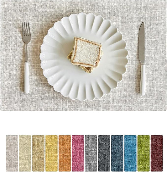 Softalker Faux Linen Placemats Set of 8-12 x 18 Inch, Heat Resistant Double Layered Durable Burlap Farmhouse Place Mats, Non-Slip Washable Rustic Table Mats for Dining, Kitchen, Party竊뉱ream