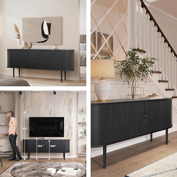 WERMO 71?쇺?Black Sideboard Cabinet with Doors and Shelves - Black Cabinet for Living Room, Bedroom, Entryway and Office Credenza. Kitchen Buffet, Modern Media Console Table with Storage (Black Oak)