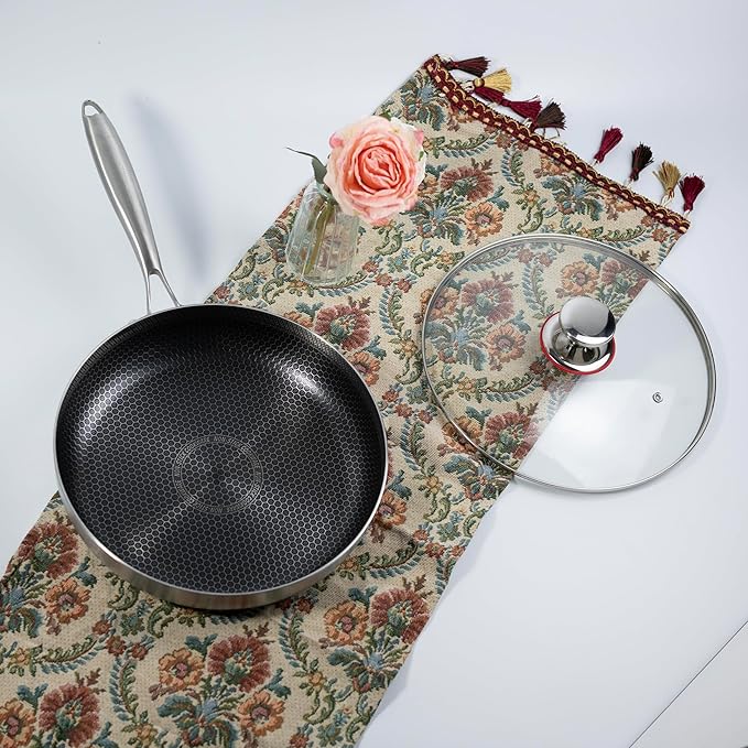 11 inch stainless steel frying pan with lid, hybrid non-stick skillet for induction, oven, broiler & dishwasher, non-toxic chef's pan, pfoa-free cookware
