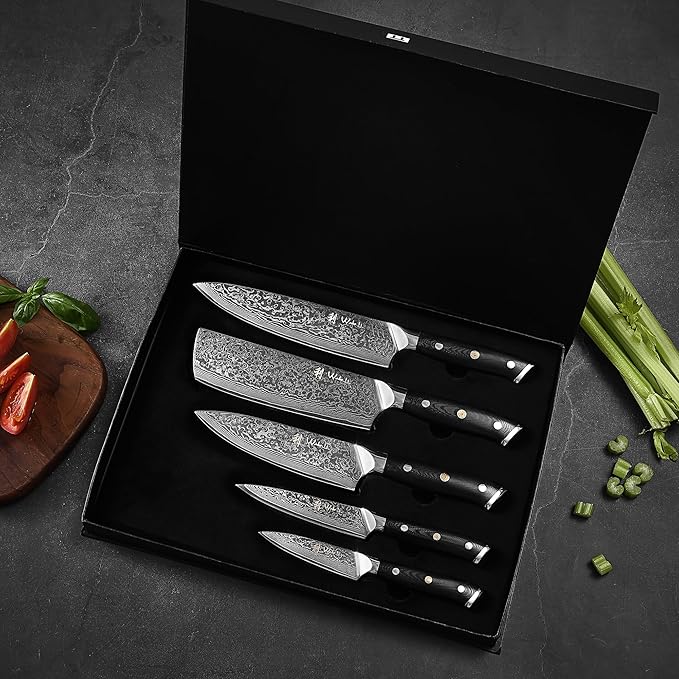 Wakoli Elite Cuisine Knife Block Set ??5-Piece Professional Damascus Kitchen Knife Set with Magnetic Block, G10 Handles & VG10 Core in Elegant Gift Box