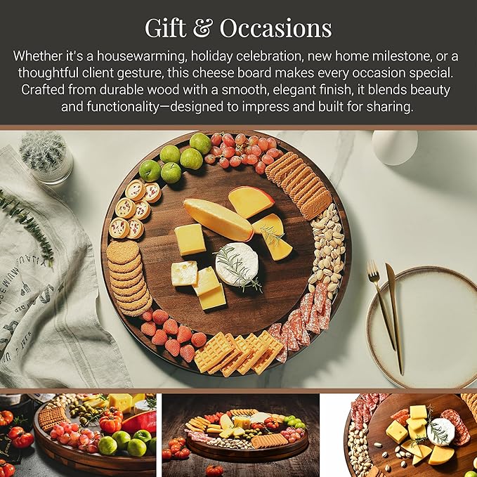Shanik Acacia Wood Rotating Cheese Board ??Round Lazy Susan Charcuterie Platter for Appetizers, Crackers, Meat, and Cheese Serving Tray
