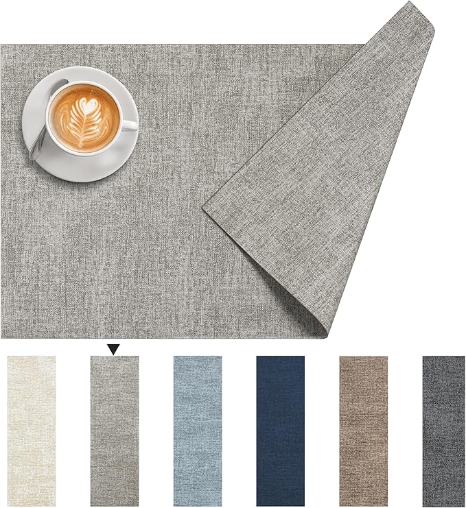 DOLOPL Placemats Set of 4, Reversible Wipeable & Heat Resistant Place Mats, Modern Faux Leather Table Mats for Kitchen, Neutral Waterproof Tablemats for Dining Table Decor, Wedding, Party(Grey)