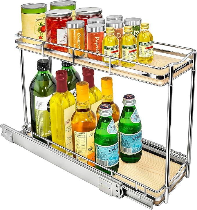 LYNK PROFESSIONAL짰 횋lite??Pull Out Spice Rack Organizer for Inside Kitchen Cabinets - 6"x21" - Slide Out Drawer ??Wood/Chrome Sliding Spice Cabinet Organization Shelf Racks - 2 Tier