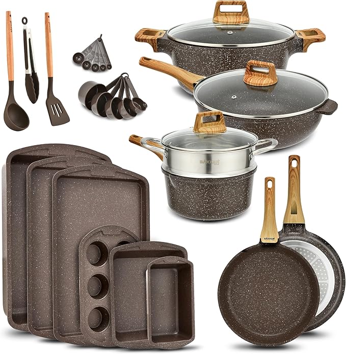 Bakken Master 20 Piece Cookware Set - Pots and Pans with Handle Grips and Tempered Glass Lids, With 6-piece Bakeware Set, Nonstick Granite Coating, Ceramic Max Temperature (Up To 500째F), Brown Marble
