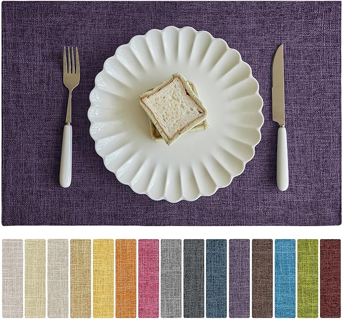 Softalker Faux Linen Placemats Set of 12-12 x 18 Inch, Heat Resistant Double Layered Durable Burlap Farmhouse Place Mats, Non-Slip Washable Rustic Table Mats for Dining, Kitchen, Party竊늁urple