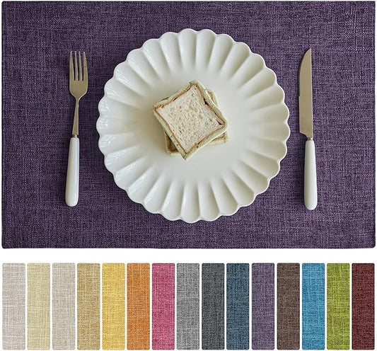 Softalker Faux Linen Placemats Set of 12-12 x 18 Inch, Heat Resistant Double Layered Durable Burlap Farmhouse Place Mats, Non-Slip Washable Rustic Table Mats for Dining, Kitchen, Party竊늁urple