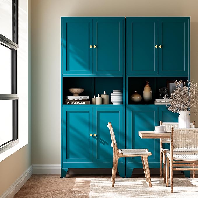 69"H Metal Pantry Cabinet with Microwave Stand,Tall Kitchen Storage Cabinets,Blue Food Pantry Cabinet with 4 Doors and Shelves, Large Hutch Cabinets for Kitchen, Dining Room, Living Room and Bathroom