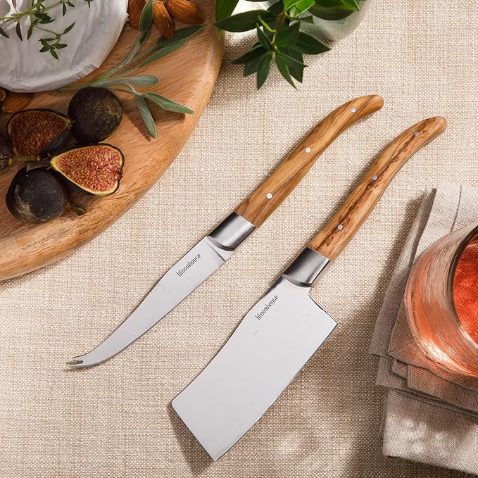 Bloomhouse 2-Piece German Steel Cheese Knife Set with Olive Wood Handles ??Artisan Soft & Hard Cheese Knives for Charcuterie, Grazing Boards & Entertaining