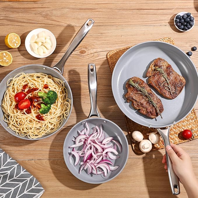 Non Stick Frying Pans Set, Ceramic Skillet, Non Toxic Omelette Egg Pans for Cooking, 8" 9.5" 11" PFAS & PTFE & PFOA Free with Stainless Steel Handle, Dishwasher & Oven Safe, White