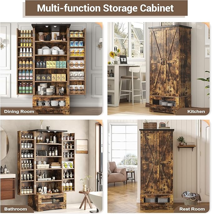 Pantry Cabinet with Adjustable Shelves and Drawer, Kitchen Cabinet Buffet Cupboards Storage for Home Office (Brown, 16" D x 24" W x 55" H)