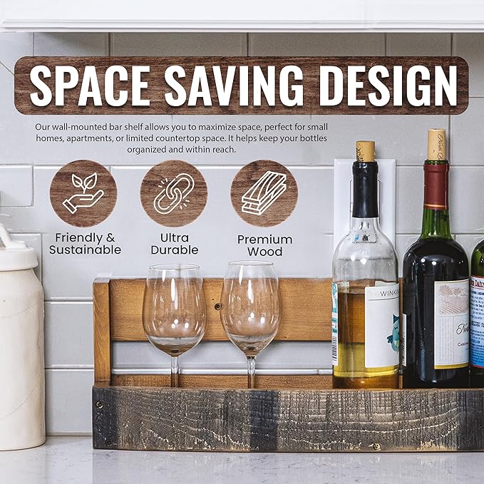 RELODECOR Liquor Bottle Display Shelf ??Bar Shelf for Whiskey, Wine & Bourbon ??Rustic Wall-Mounted Wooden Shelves, Countertop Rack, Stylish & Space-Saving Small Liquor Cabinet for Enthusiasts