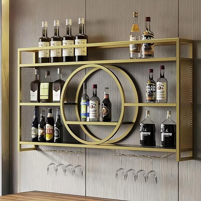 55 Inch Metal Wall Mounted Wine Rack, 3-Tier Bar Shelf with Glass Holder, Modern Large Capacity Liquor Bottle Display Shelf for Home Bar, Dining Room & Kitchen, Gold