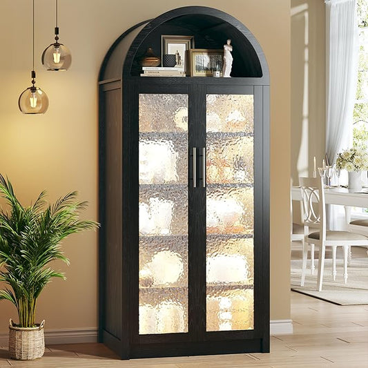 71" Tall Arched Cabinet with 3 Color Lights, Kitchen Pantry Storage Cabinet with Glass Doors & Adjustable Shelves, Modern 6-Tier Display Cabinets for Living Room, Dining Room, Black