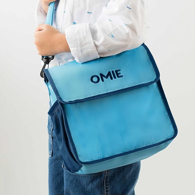 Omie OmieBox Lunch Bag - Washable, Foldable, Durable, WaterResistant Fabric with Interior Pocket and External Bottle Holder (Blue)