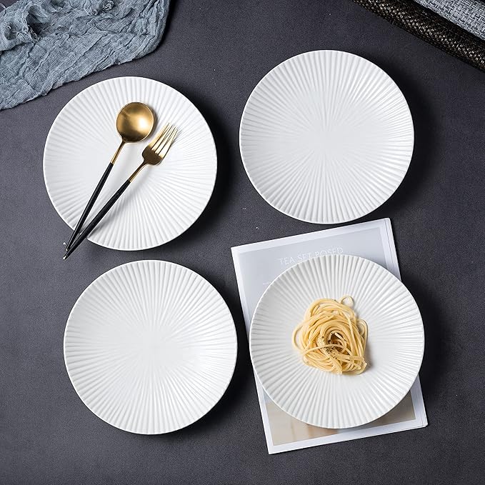 CLAY TONIC Set of 4-8.8 Inch Japanese Style Porcelain Round Dinner Plates, Versatile Circular Serving Plates for Pasta, Salad, Steak Dinner (White, 8.8 Inches)
