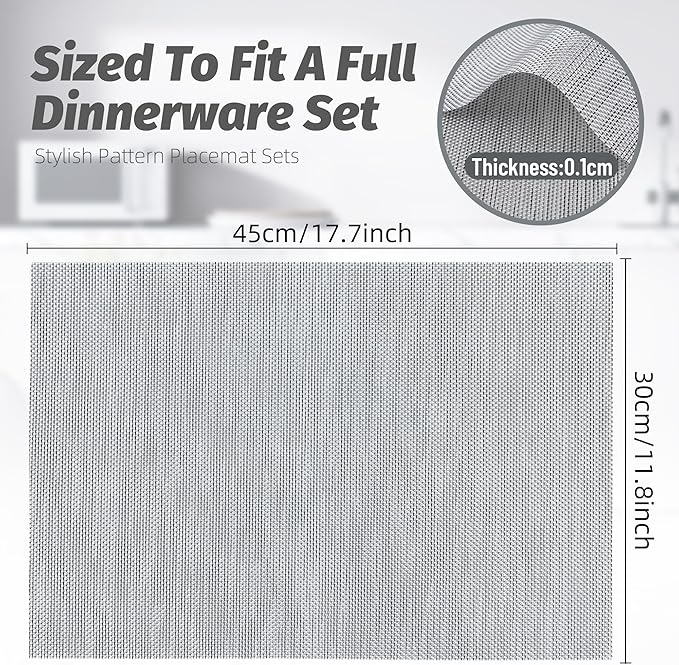 Sliver White Placemats Set of 8 Durable Heat Resistant Non-Slip Washable Place Mats PVC Vinyl Woven Table Mats for Dining Table Size 12 x 17 Inch