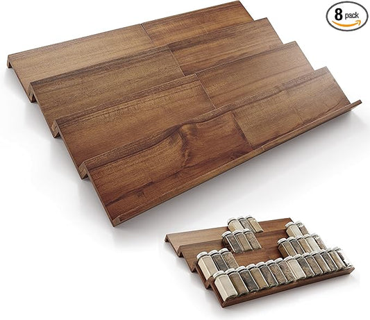 Tinamo Acacia Wooden Spice Rack Organizer for Cabinet - Spice Drawer Insert, Spice Organization for Cabinet, Seasoning Organizer, Spice Holder Pack of 8 (Walnut, Pack 8)