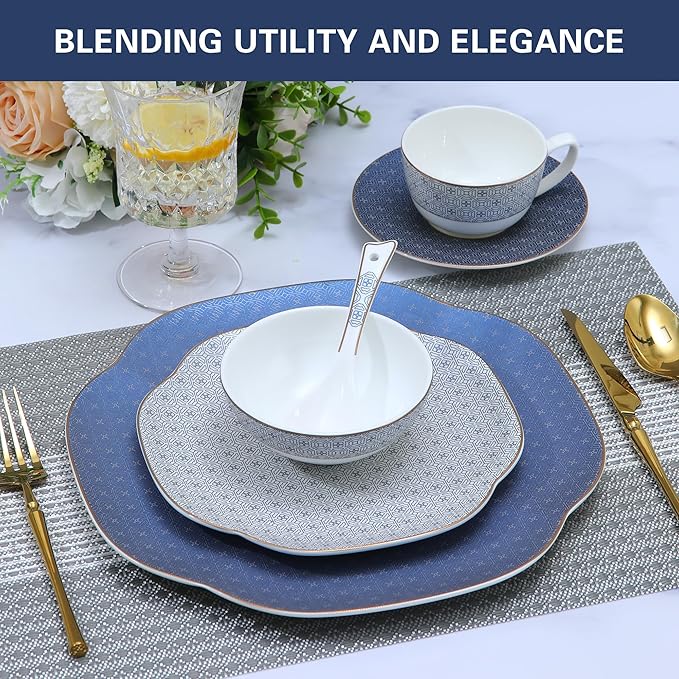 Blue 24 Piece Porcelain Dinnerware Set,Bone china for 4, Plates and Bowls Sets With Grid pattern, Highly Chip and Crack Resistant | Dishwasher Safe Dishes Set (Deep Blue + Grid)