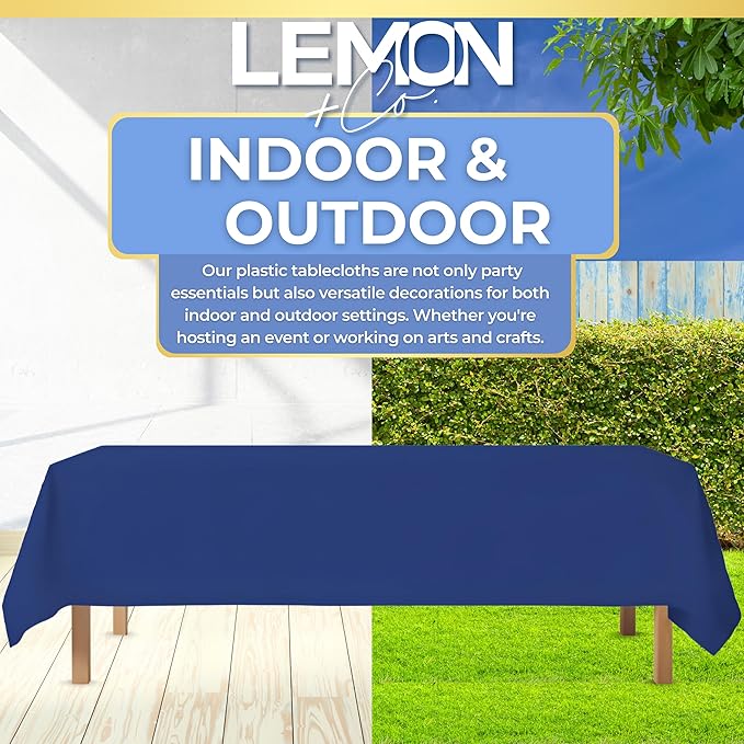 LEMON + Co. Navy Rectangle Table Cover Disposable Plastic Tablecloth 54 Inch. x 108 Inch. Premium Decorative Rectangle Table Cover 10 Pack
