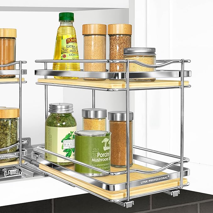 LYNK PROFESSIONAL짰 횋lite??Pull Out Spice Rack Organizer for Inside Kitchen Cabinets - 6-3/8 inch Wide - Slide Out Drawer ??Wood/Chrome Sliding Spice Cabinet Organization Shelf Racks - 2 Tier