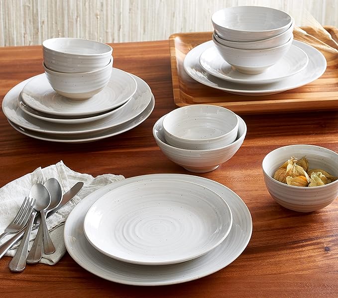 Sango Siterra 16-Piece Rustic White Stoneware Dinnerware Set ??Service for 4, White with Glossy Speckle Overlay, for Everyday Dining & Entertainment, Microwave & Dishwasher Safe