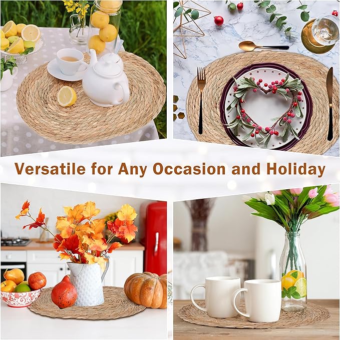 Oval Woven Placemats Set of 8, 16"x 12"Braided Rattan Table Mats,Farmhouse Rattan Chargers for Dinner Plates,Boho Vintage Table Mats for Christmas Home Dining Kitchen Parties Decoration