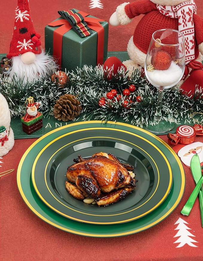 WDF 25PCS Green Plastic Charger Plates - 12inch Green and Gold Chargers for Dinner - Disposable Charge Plates - Perfect for Party Elegant Tabletop Decor St. Patrick's Day