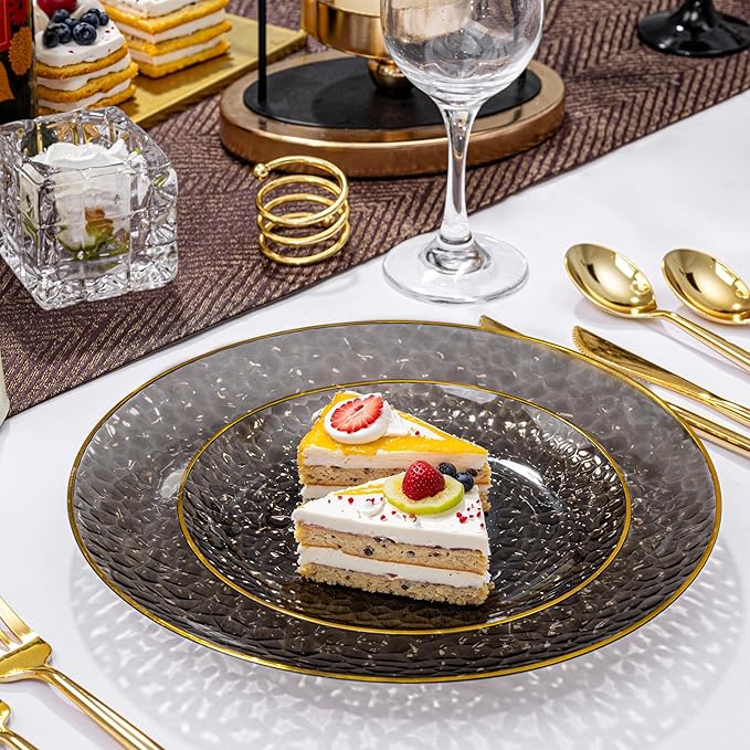 SUT 100Pcs Black Plastic Plates, Hammered Plates Disposable Heavy Duty, Black Disposable Plates With Gold Rim, Fancy Plastic plates Include 50 Dinner plate and 50 Dessert plate for