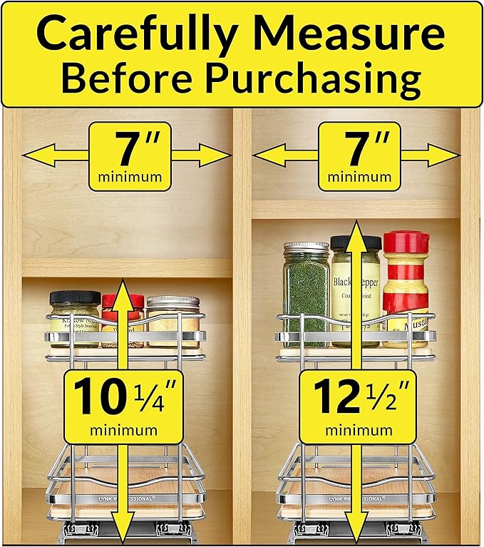 LYNK PROFESSIONAL짰 횋lite??Pull Out Spice Rack Organizer for Inside Kitchen Cabinets - 6-3/8 inch Wide - Slide Out Drawer ??Wood/Chrome Sliding Spice Cabinet Organization Shelf Racks - 2 Tier