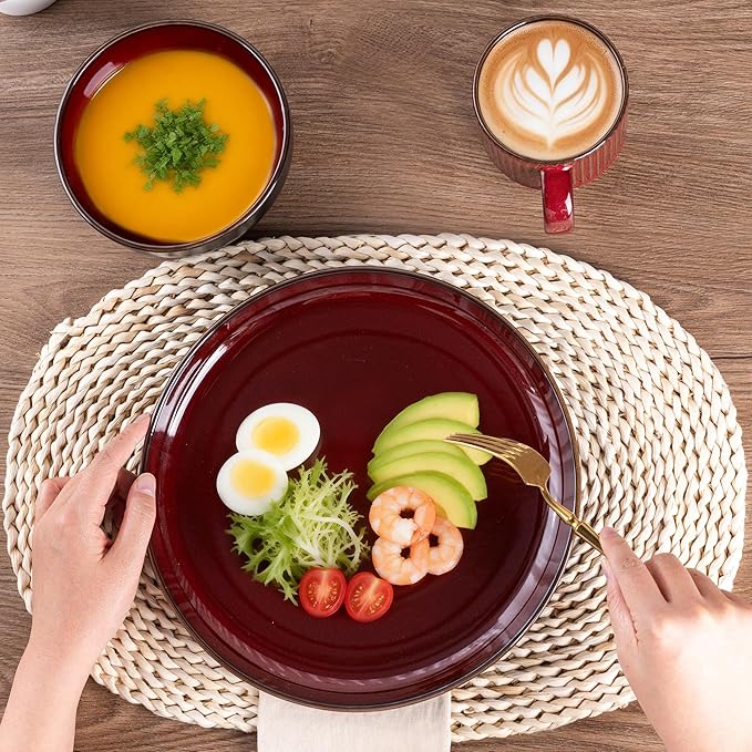 GBHOME Ceramic Dinnerware Sets for 4, 12 Pieces Stoneware Plates and Bowls Sets, Scratch Resistant Dishes, Dishwasher & Microwave Safe, Reactive Glaze-Burgundy
