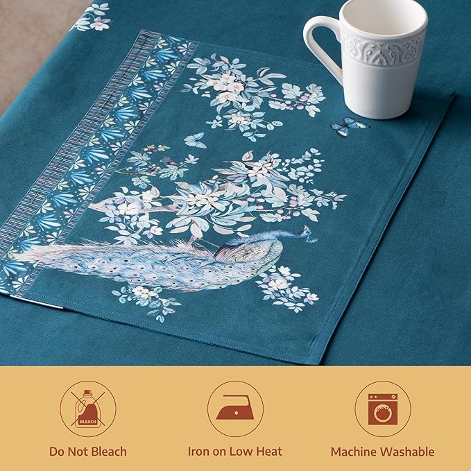 Maison d' Hermine Place Mats 100% Combed Cotton Premium (13 Inch x 19 Inch) Cloth Place Mat Washable Dinner Placemat, Dinner & Dining, Peacock Utopia - Deep Sea (Set of 4)