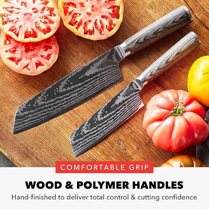 GreenPan x Bobby Flay 5??& 7??Santoku Knife Set, Premium Stainless Steel Blades, Precision Cutting Kitchen Tools, Ultra-Sharp Cutlery, Hand Finished Ergonomic Wood Handle, Damascus Steel Design