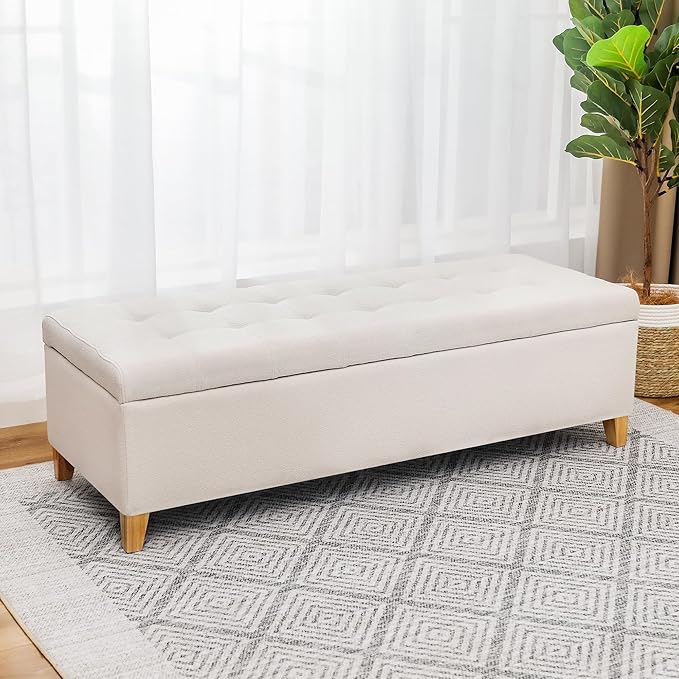 DECO DE VILLE Ottoman with Storage, 51 Inch End of Bed Storage Ottoman Bench, Linen Fabric Upholstered Ottomans with Hinged Lid, Rectangle Long Foot Rest Bench for Entryway Living Room Bedroom White