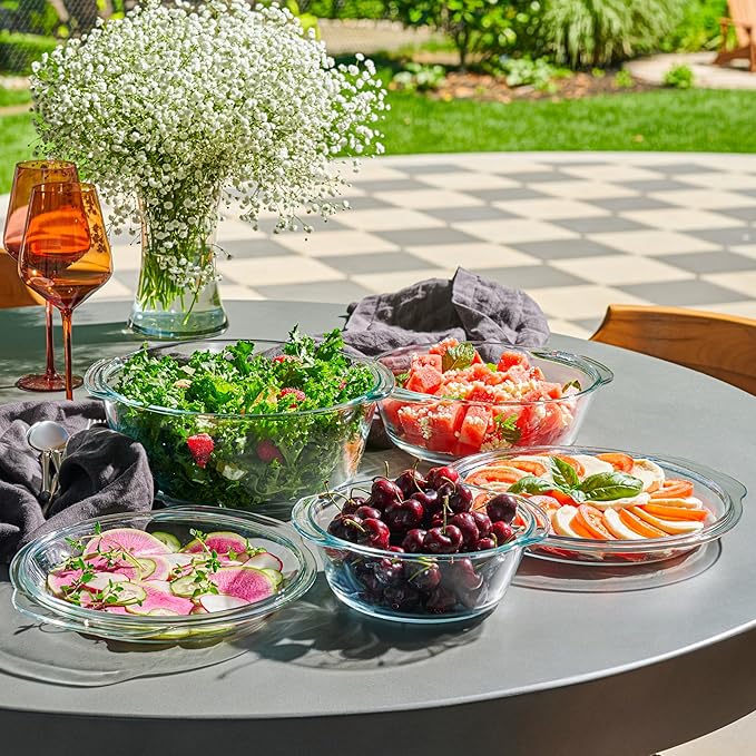 Le'raze 6-Piece Glass Tureen Dishes for Oven - Durable Borosilicate Glass Bakeware Set with Lids, Microwave Safe, Versatile Round Covered Baking Dishes. Clear Lead-Free Casserole Cookware.