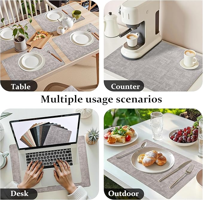 FROMHEART Faux Leather Placemats Set of 6?밯aterproof,Heat/Oil Stain-Resistant PU Table Mat?밨eversible,Non-Slip,Easy to Clean Place Mats for Kitchen,Dining,Indoor/Outdoor,(Light Grey,11.8" x 17")