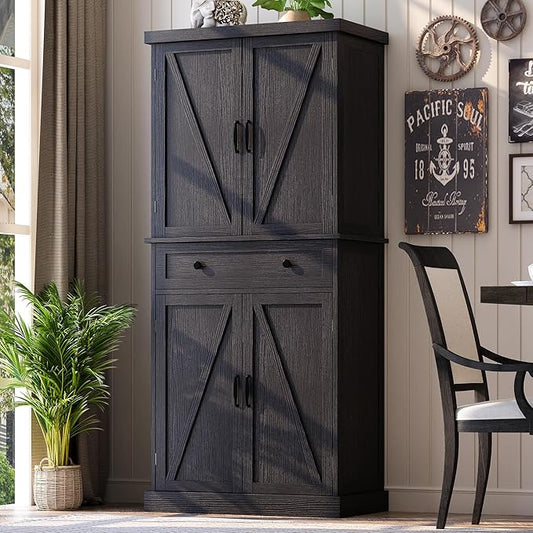 72" Tall Kitchen Pantry Cabinet, Black Pantry Storage Cabinet with Adjustable Shelves, Barn Doors and Drawer, Farmhouse Cupboard for Kitchen, Dining Room, Bathroom (16" D x 30" W x 72" H)
