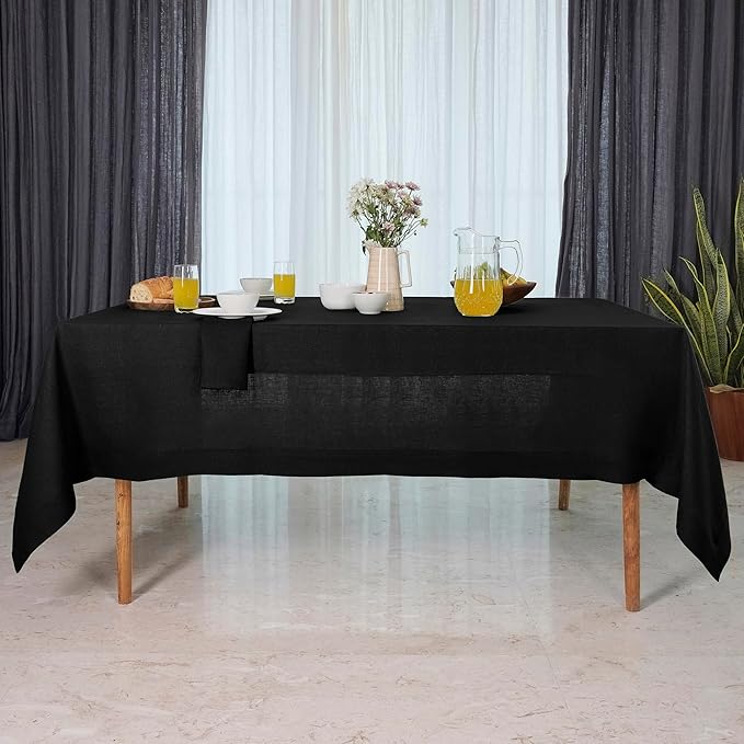 D'Moksha Homes Black Linen Tablecloth 60 x 84 Inch - 100% Pure Linen Table Cloth for Rectangle Tables - Machine Washable Tablecloth for Spring, Easter
